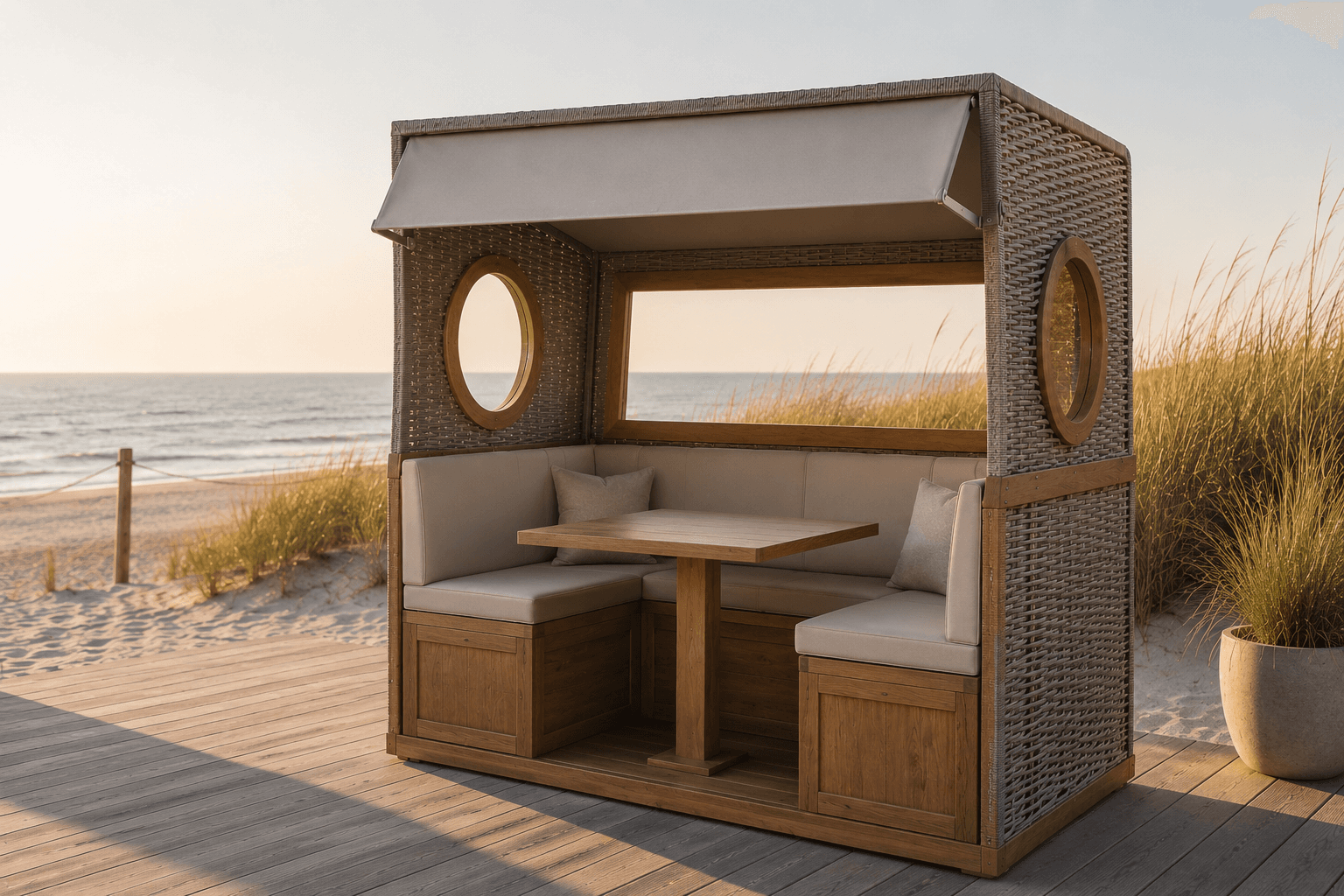 Hochwertiger Außenbereich mit Gosch-Lounges und Strandkörben
