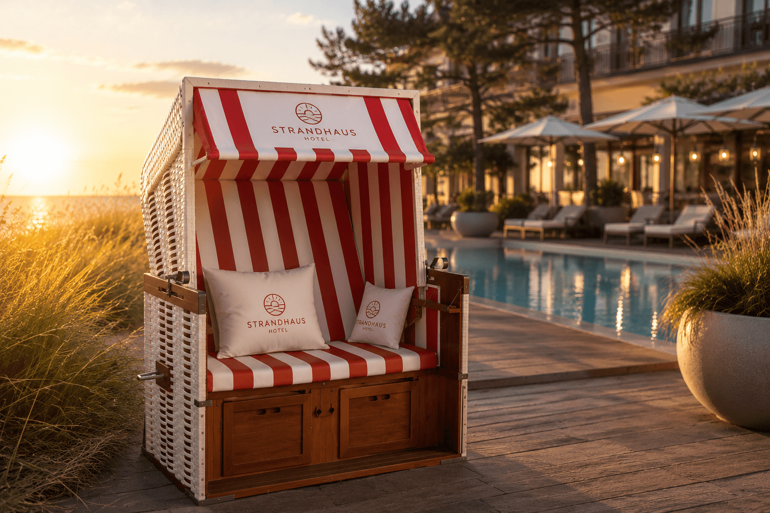 Strandhaus Hotel mit hochwertigem Außenbereich